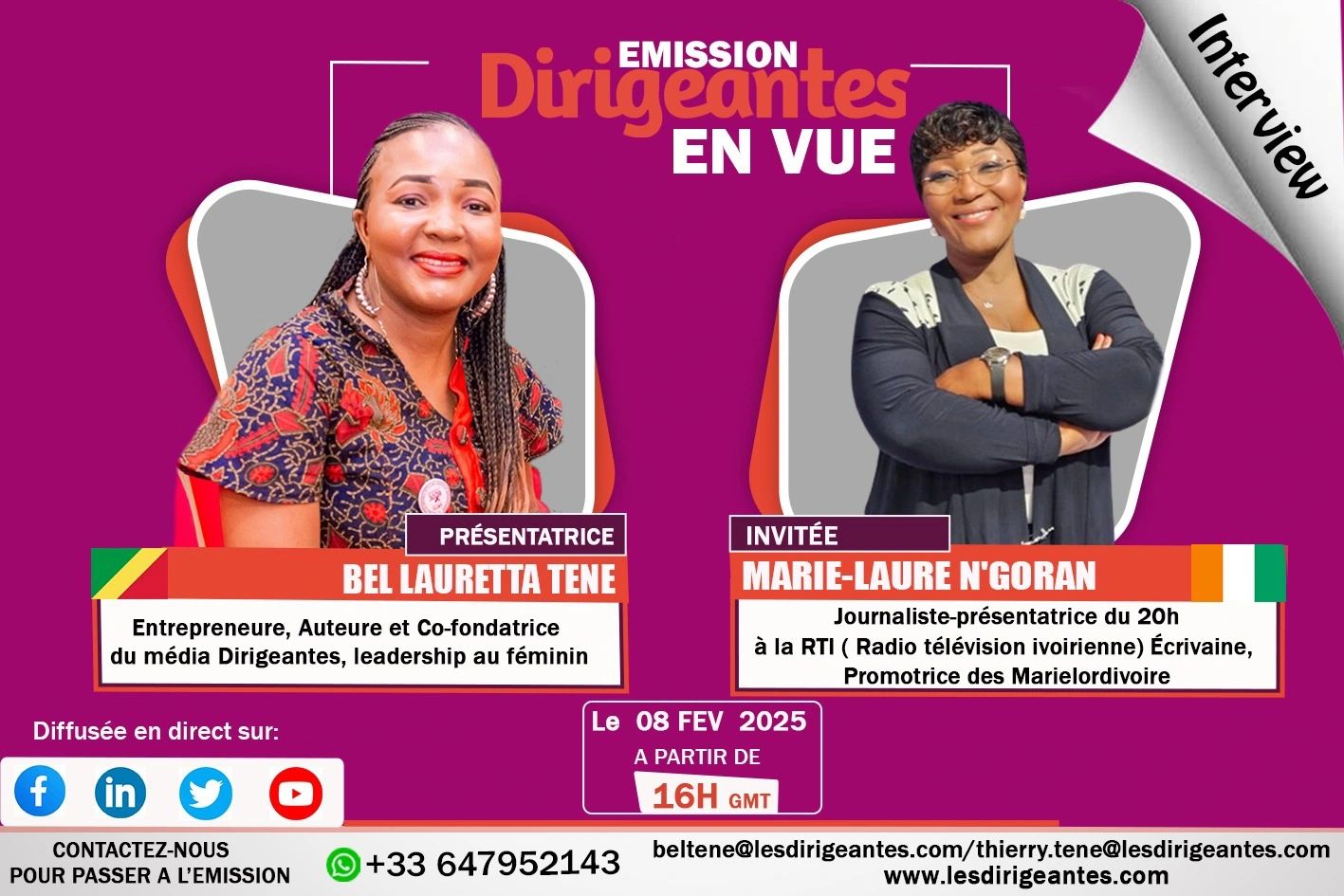 Marie-Laure N'GORAN , Promotrice des Marielordivoire, Journaliste-Présentatrice du 20h à la RTI ( Radio télévision ivoirienne), Écrivaine.