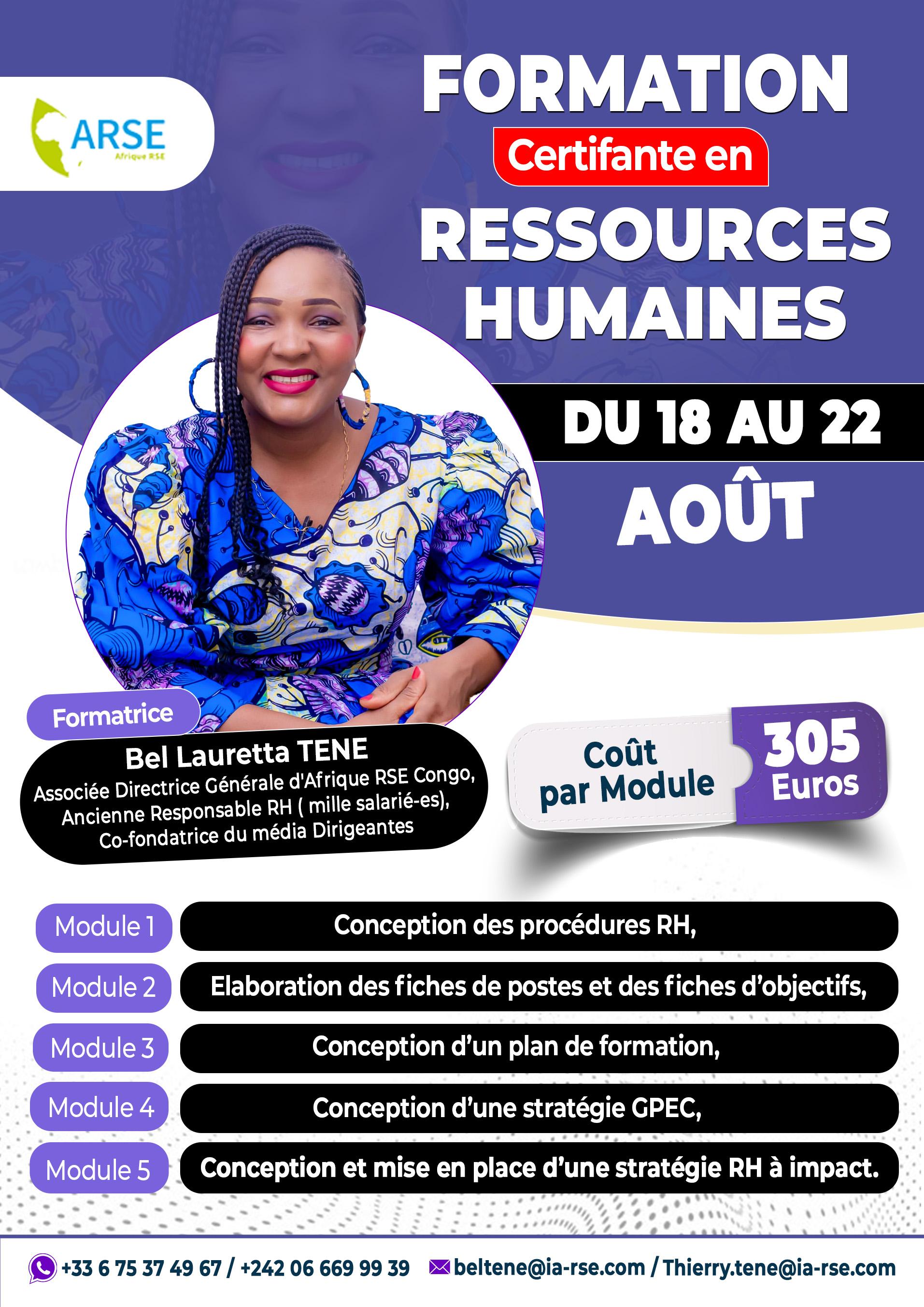 FORMATION CERTIFIANTE EN RESSOURCES HUMAINES DU 18 AU 22 AOÛT 2025 EN LIGNE ET EN PRÉSENTIEL