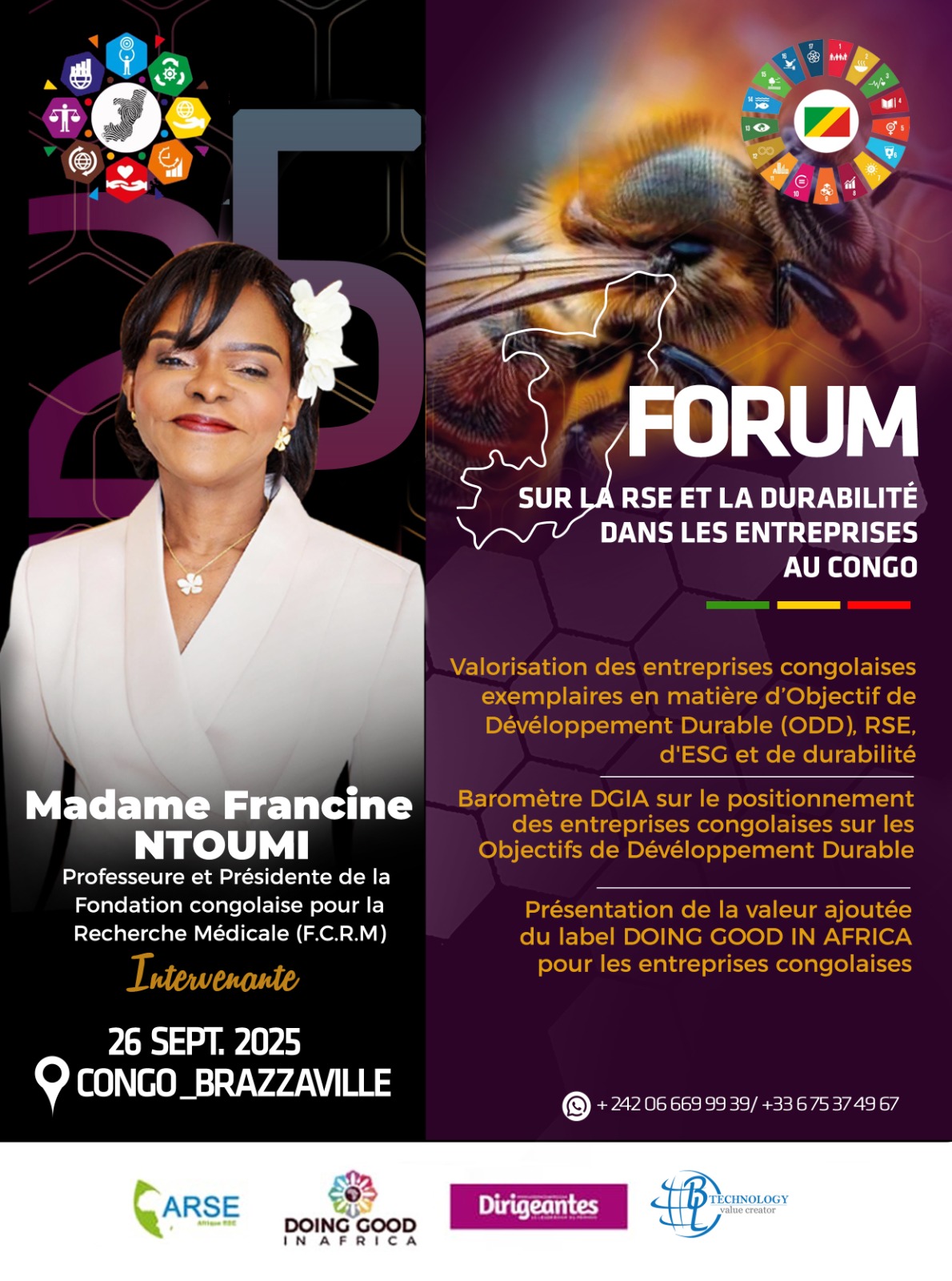 Professeure Francine NTOUMI, intervenante à la deuxième édition du forum DOING GOOD IN AFRICA (DGIA), le 26 septembre 2025, sur le thème « Entreprises à impact : contribution des entreprises congolaises aux Objectifs de Développement Durable : Focus sur les ODD 3, 7 et 13 ».