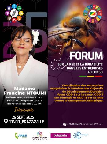 Professeure Francine NTOUMI, intervenante à la deuxième édition du forum DOING GOOD IN AFRICA (DGIA), le 26 septembre 2025, sur le thème « Entreprises à impact : contribution des entreprises congolaises aux Objectifs de Développement Durable : Focus sur les ODD 3, 7 et 13 ».