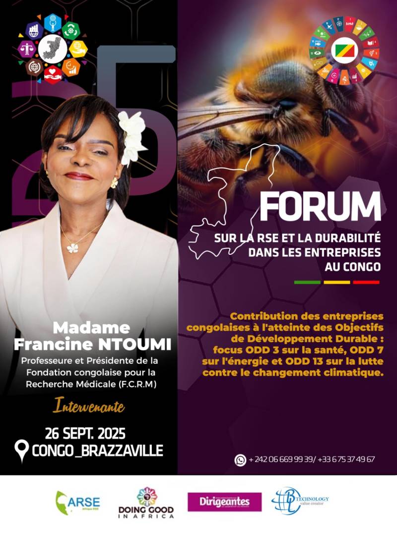 Professeure Francine NTOUMI, intervenante à la deuxième édition du forum DOING GOOD IN AFRICA (DGIA), le 26 septembre 2025, sur le thème « Entreprises à impact : contribution des entreprises congolaises aux Objectifs de Développement Durable : Focus sur les ODD 3, 7 et 13 ».