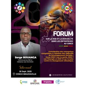 Serge BOUANGA, Chef de service RSE et Médiation des MUCODEC, intervenant à la deuxième édition du forum DOING GOOD IN AFRICA (DGIA), le 26 septembre 2025, sur le thème « Entreprises à impact : contribution des entreprises congolaises aux Objectifs de Développement Durable : Focus sur les ODD 3, 7 et 13 ».