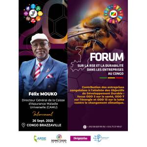 Monsieur Félix MOUKO, Directeur Général de la Caisse d’Assurance Maladie Universelle (CAMU) intervenant à la deuxième édition du forum DOING GOOD IN AFRICA (DGIA), le 26 septembre 2025, sur le thème « Entreprises à impact : contribution des entreprises congolaises aux Objectifs de Développement Durable : Focus sur les ODD 3, 7 et 13 ».