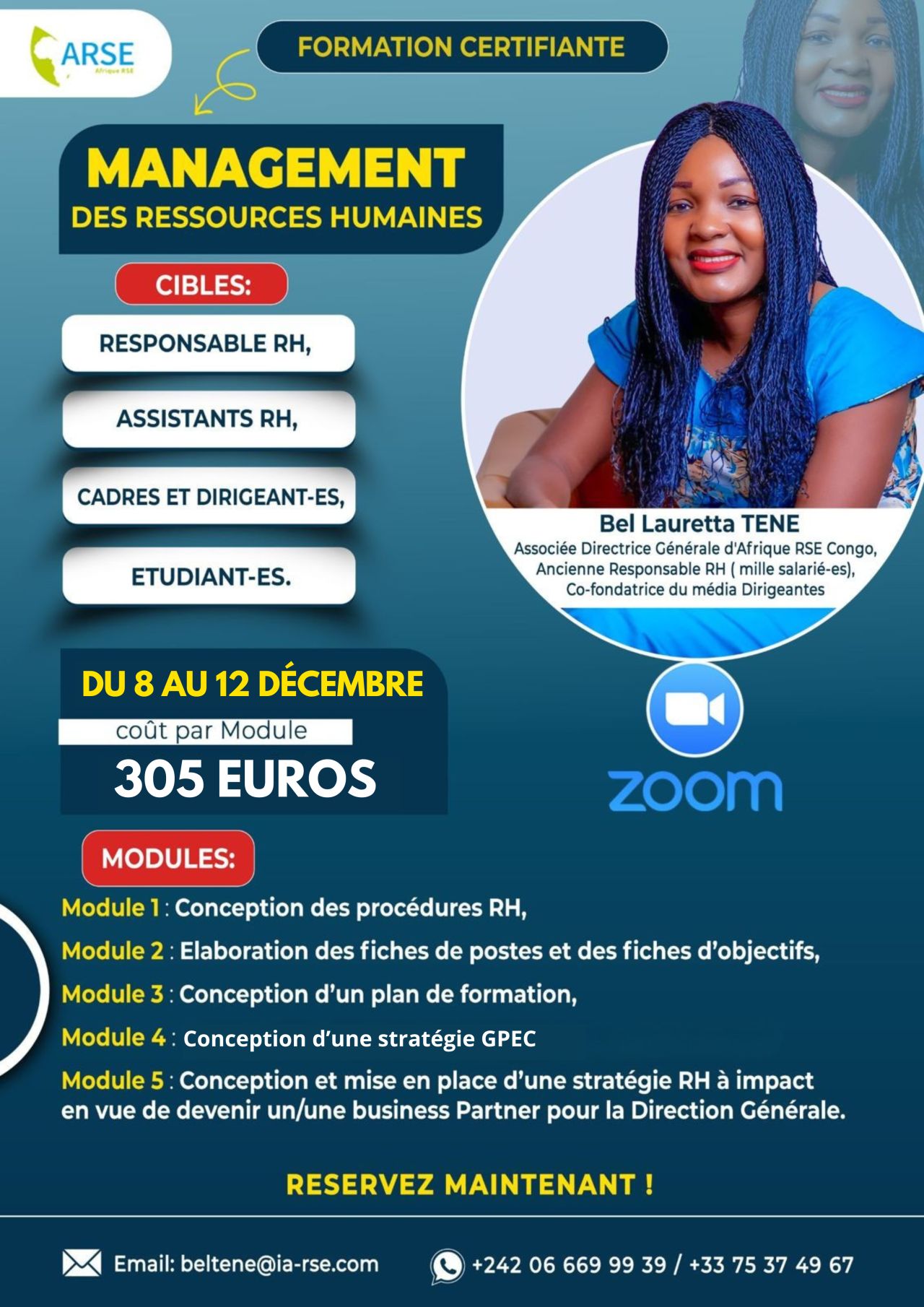 FORMATION CERTIFIANTE EN MANAGEMENT DES RESSOURCES HUMAINES DU 8 AU 12 DECEMBRE SUR ZOOM