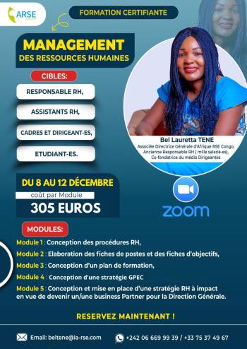 FORMATION CERTIFIANTE EN MANAGEMENT DES RESSOURCES HUMAINES DU 8 AU 12 DECEMBRE SUR ZOOM