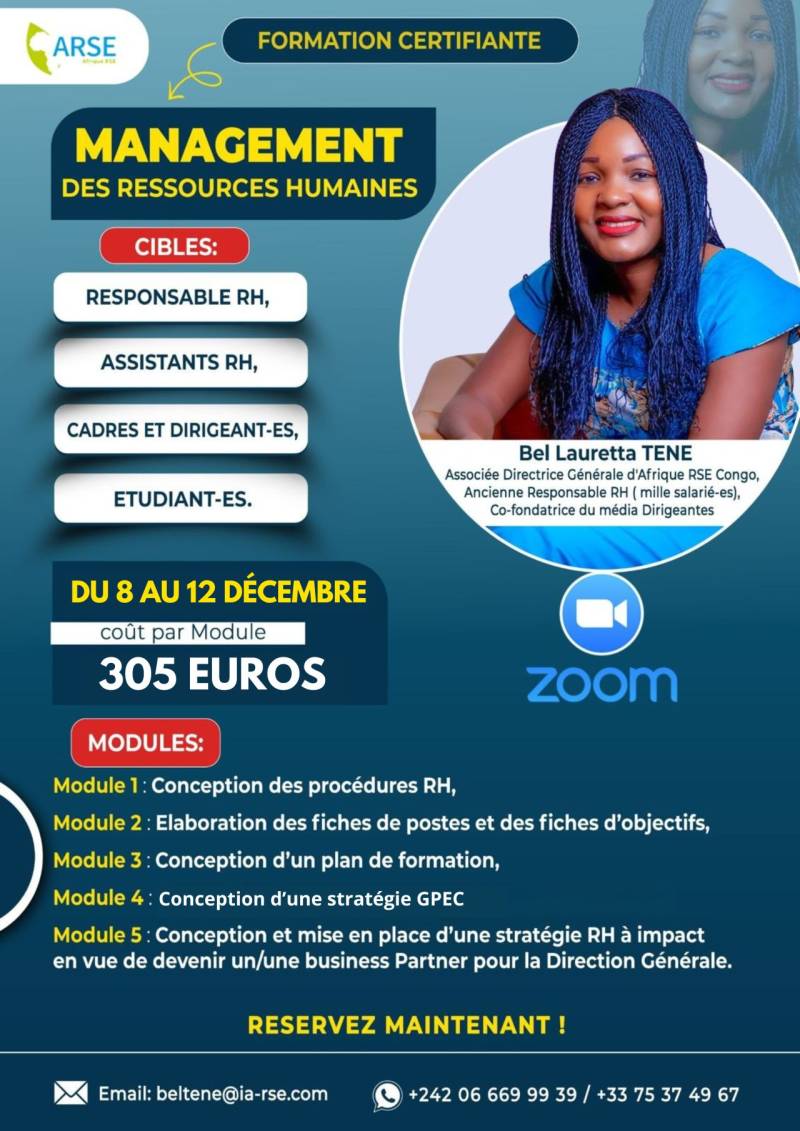 FORMATION CERTIFIANTE EN MANAGEMENT DES RESSOURCES HUMAINES DU 8 AU 12 DECEMBRE SUR ZOOM