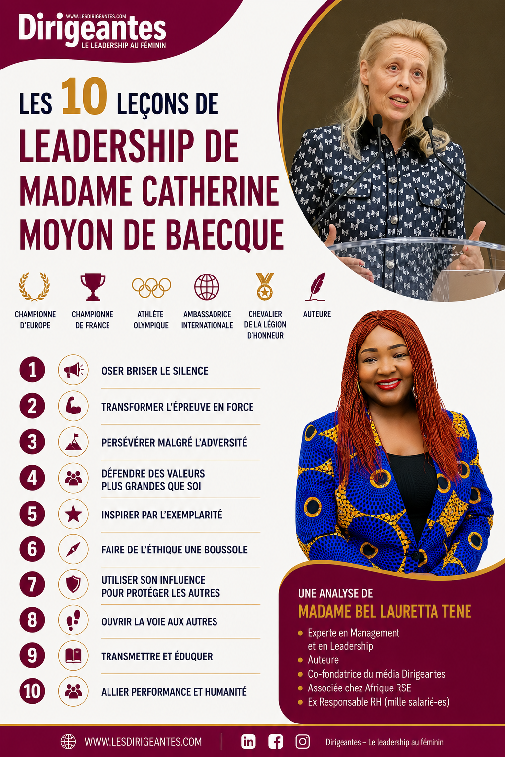 Les 10 leçons de leadership de Madame Catherine MOYON DE BAECQUE : Championne de France, d’Europe et du Monde. Athlète olympique, Ambassadrice internationale, Chevalier de la Légion d’honneur