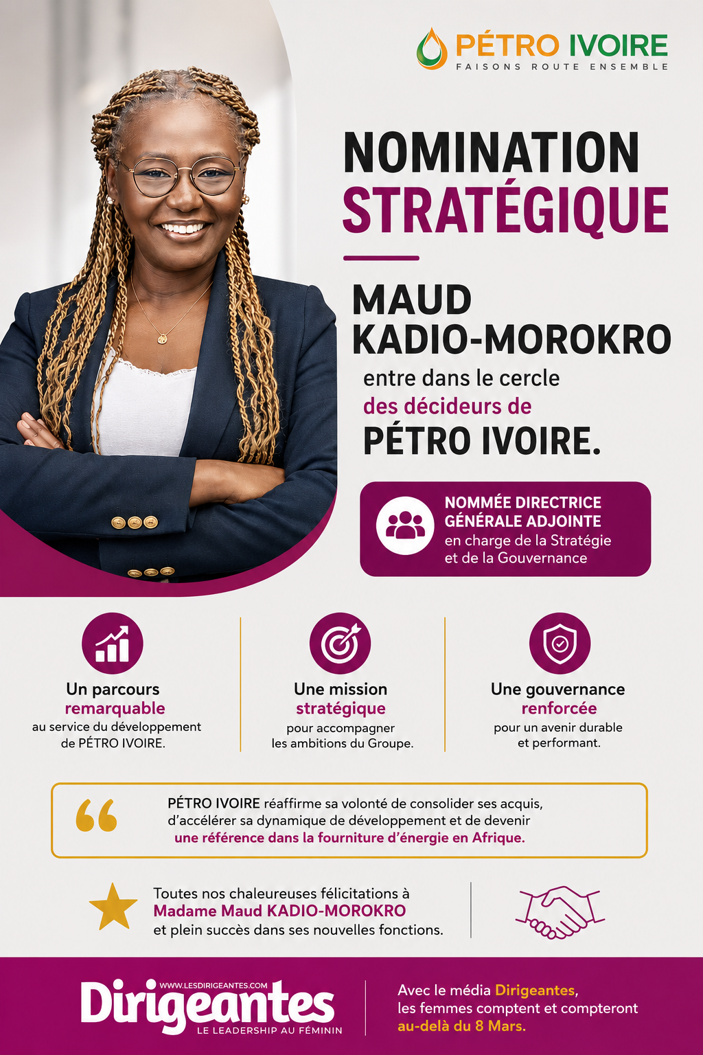 NOMINATION STRATÉGIQUE : MAUD KADIO-MOROKRO ENTRE DANS LE CERCLE DES DÉCIDEURS DE PÉTRO IVOIRE