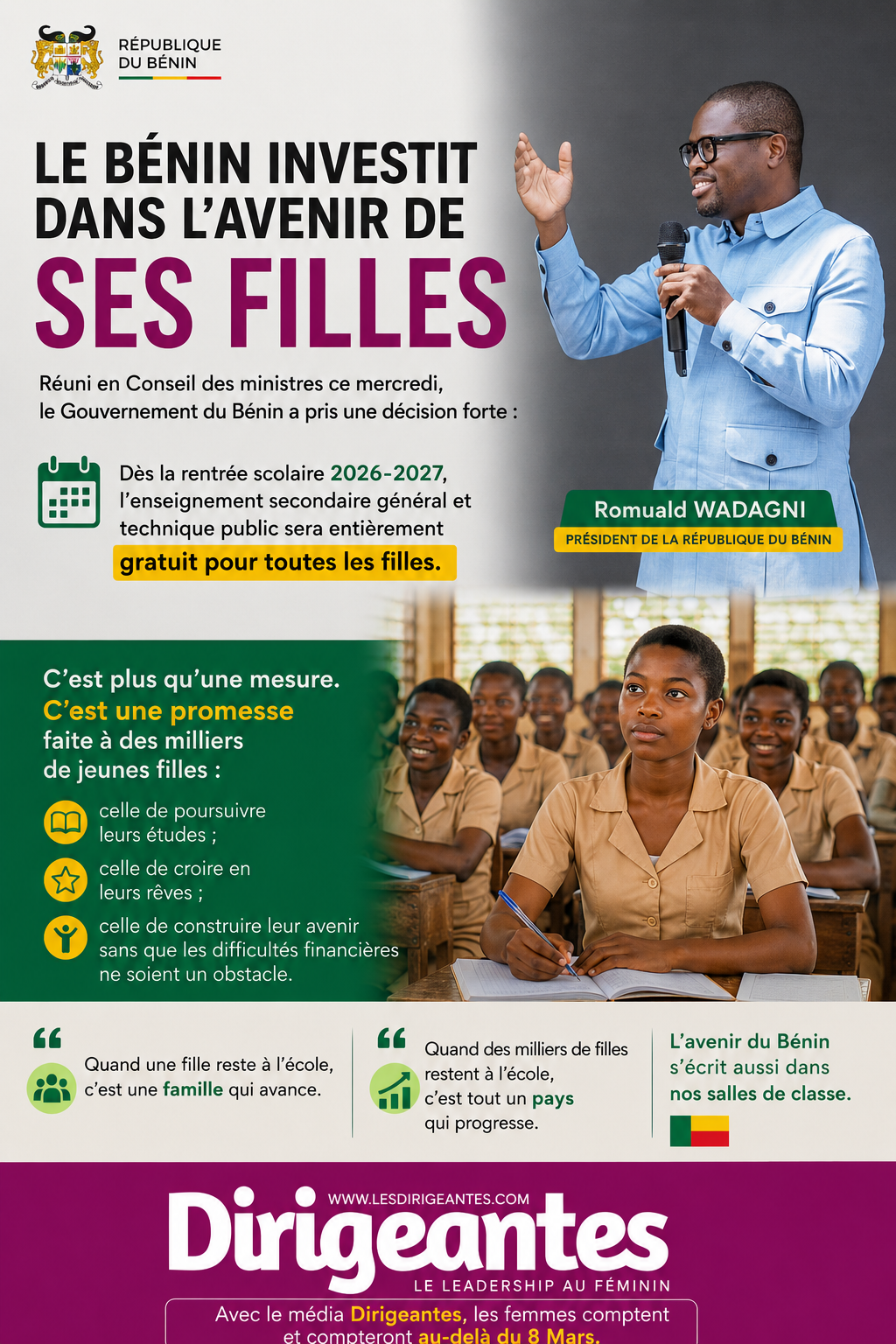 HISTORIQUE : LE BÉNIN OFFRE GRATUITEMENT LE SECONDAIRE À TOUTES LES FILLES ET OUVRE UNE NOUVELLE PAGE DE SON AVENIR